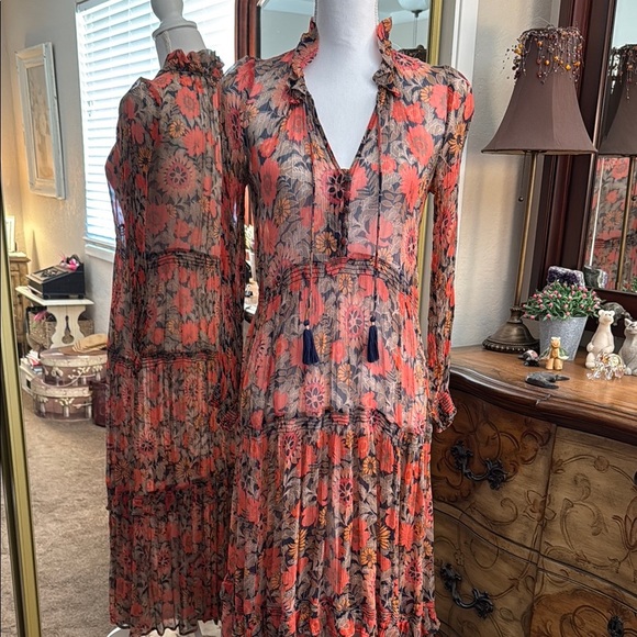 Anthropologie Orange and Gray Long Sleeve Sheer Dress - Picture 3 of 16